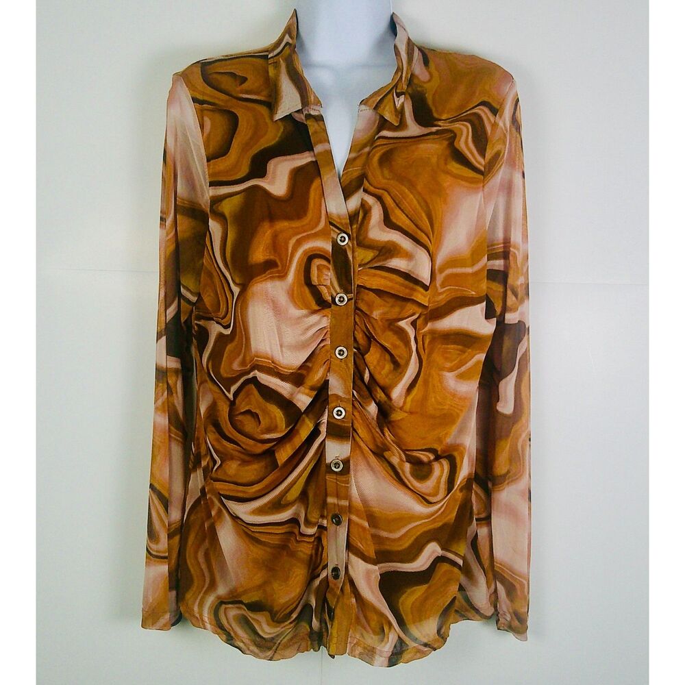 JANE + DELANCY WOMEN ORANGE & BROWN TYE DYE PRINT LONG SLEEVE BLOUSE. SIZE L